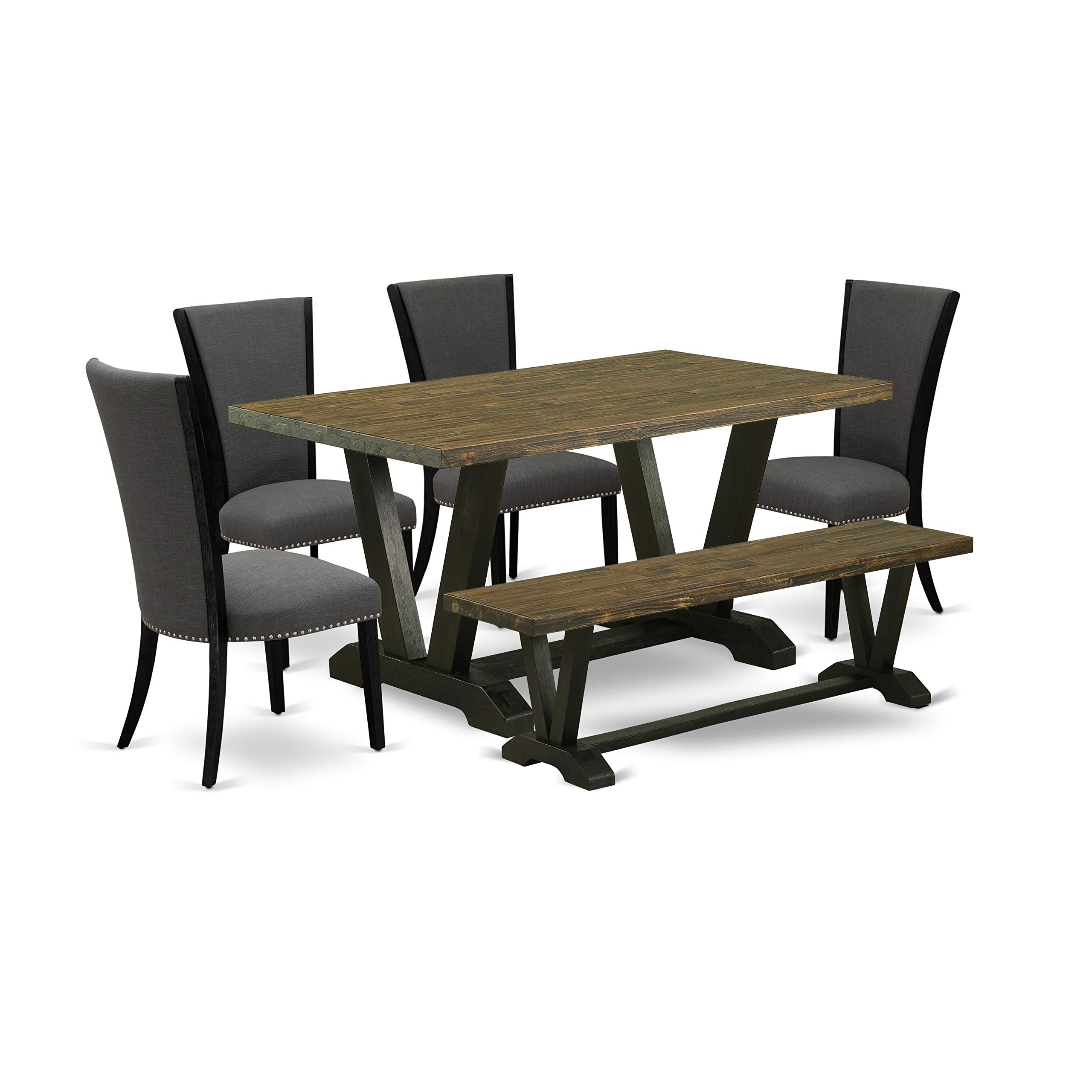 East West Furniture V676VE650-6 6 Piece Kitchen Set Contains a Rectangle Dining Table with V-Legs and 4 Dark Gotham Linen Fabric Parson Chairs with a Bench, 36x60 Inch